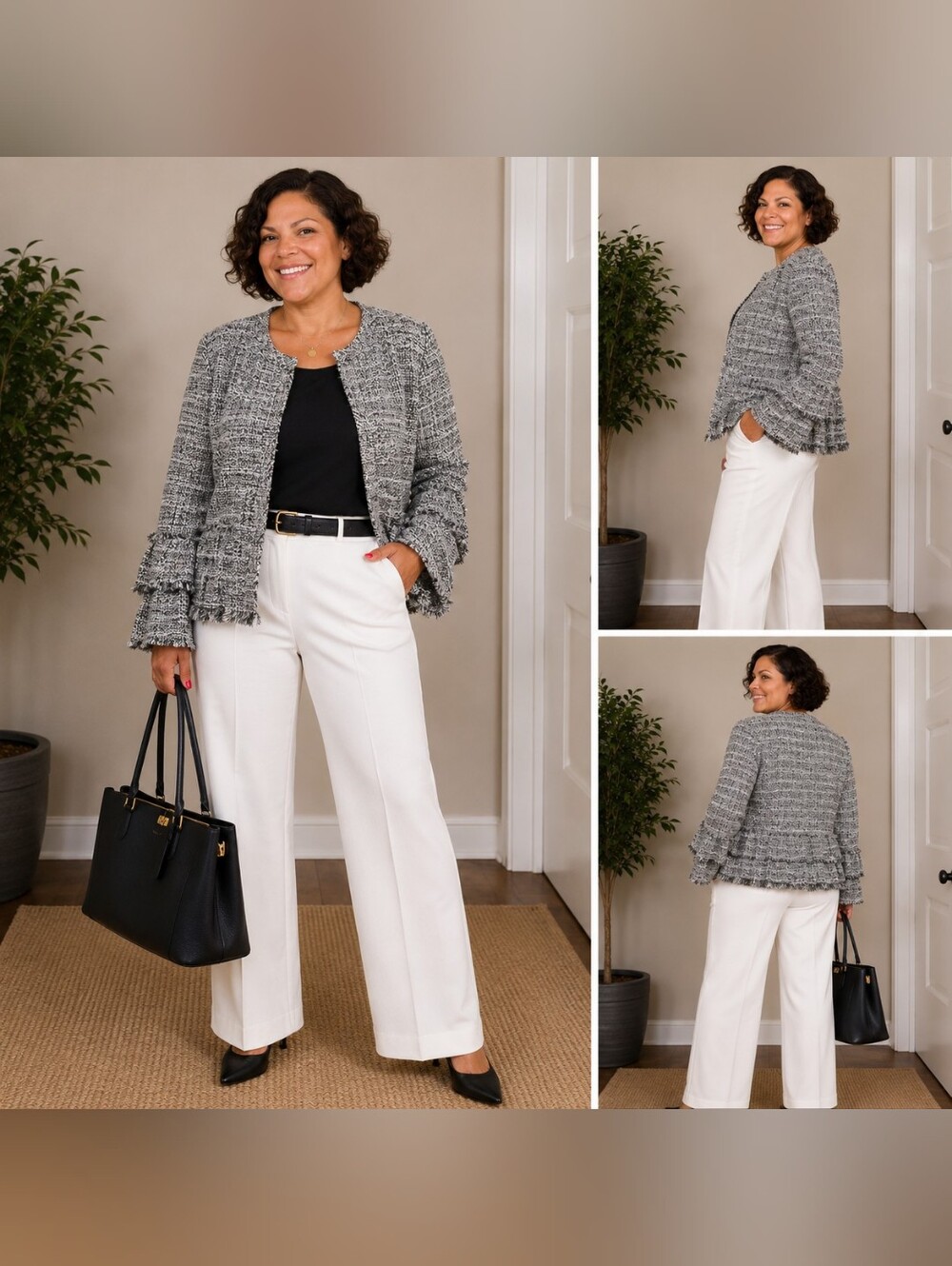 Chico's Black & White Tweed Fringe-Trim Blazer